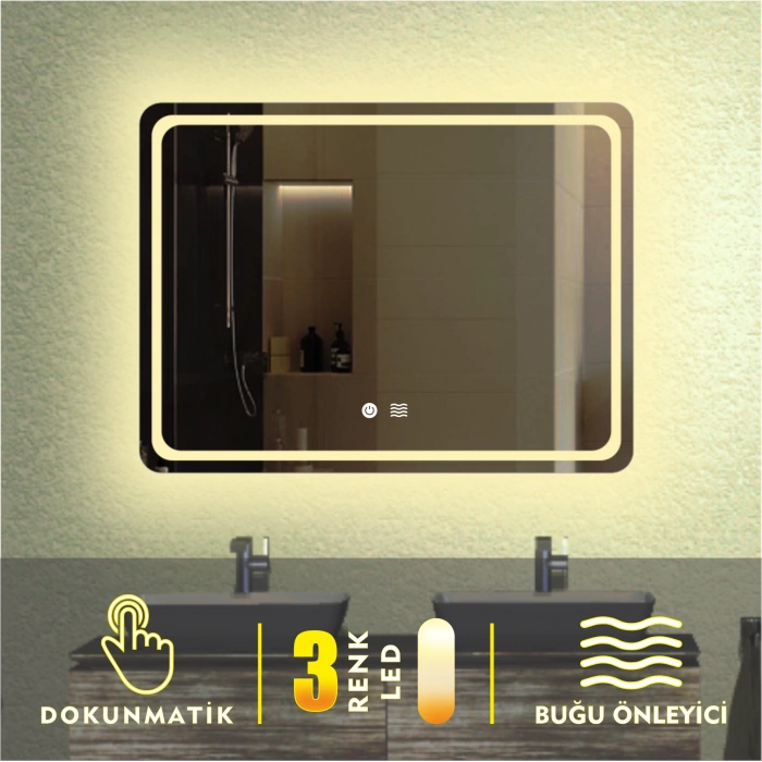 3 RENK IŞIK AYARLI DOKUNMATİK BUĞU ÖNLEYİCİ KUMLAMALI LEDLİ AYNA