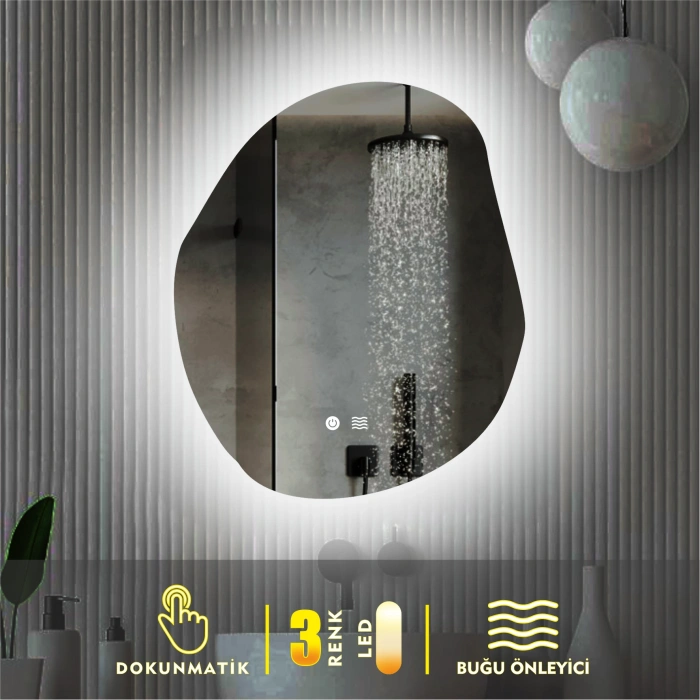 3 RENK IŞIK AYARLI DOKUNMATİK BUĞU ÖNLEYİCİ ASİMETRİK LEDLİ AYNA