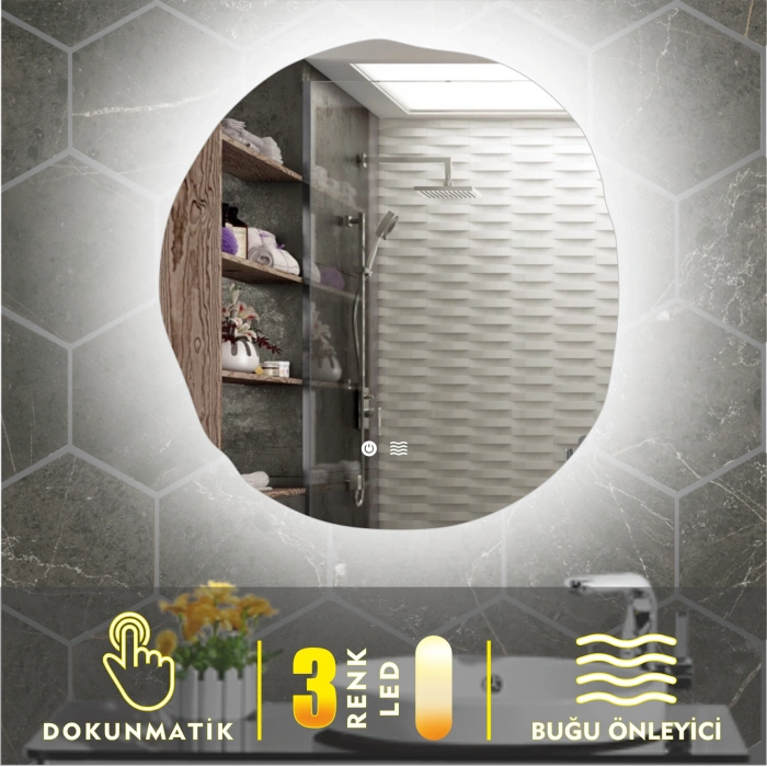 3 RENK IŞIK AYARLI DOKUNMATİK BUĞU ÖNLEYİCİ ASİMETRİK LEDLİ AYNA