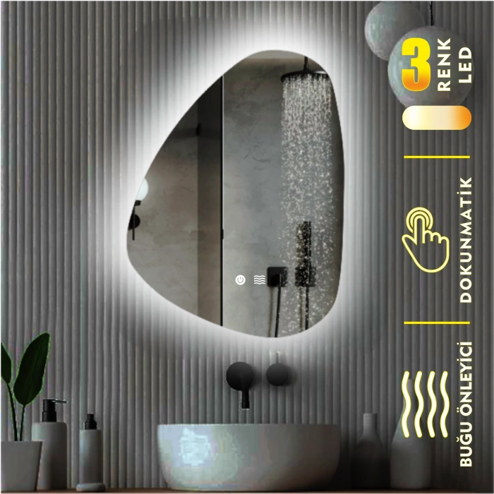 3 RENK IŞIK AYARLI DOKUNMATİK BUĞU ÖNLEYİCİ ASİMETRİK LEDLİ AYNA