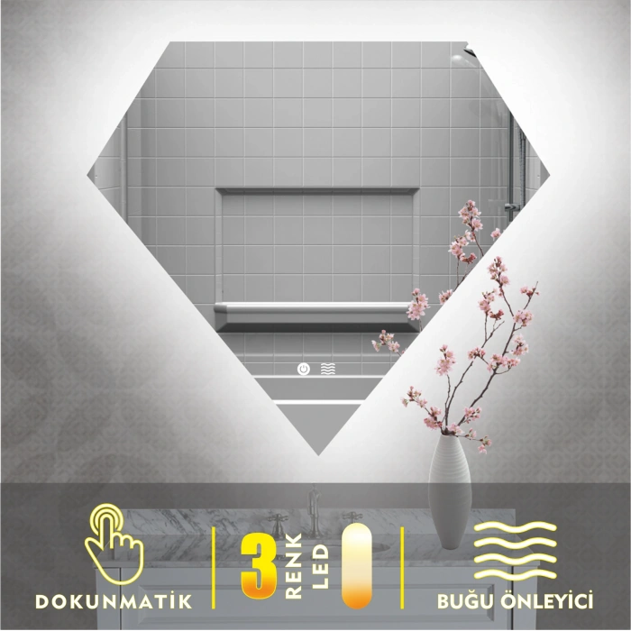 3 RENK IŞIK AYARLI DOKUNMATİK BUĞU ÖNLEYİCİ ELMAS ŞEKLİ LEDLİ AYNA