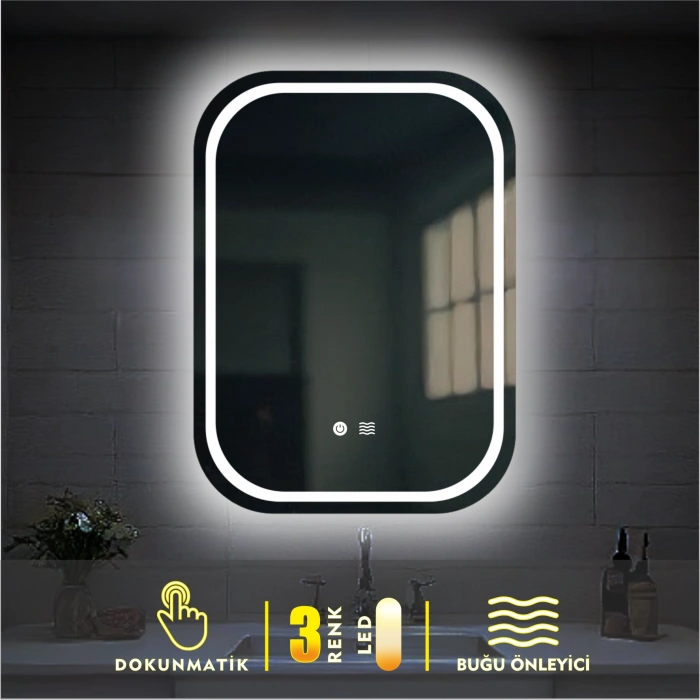 3 RENK IŞIK AYARLI DOKUNMATİK BUĞU ÖNLEYİCİ KUMLAMALI LEDLİ AYNA
