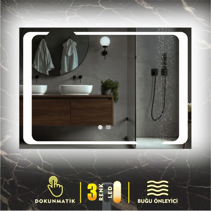 3 RENK IŞIK AYARLI DOKUNMATİK BUĞU ÖNLEYİCİ LEDLİ AYNA