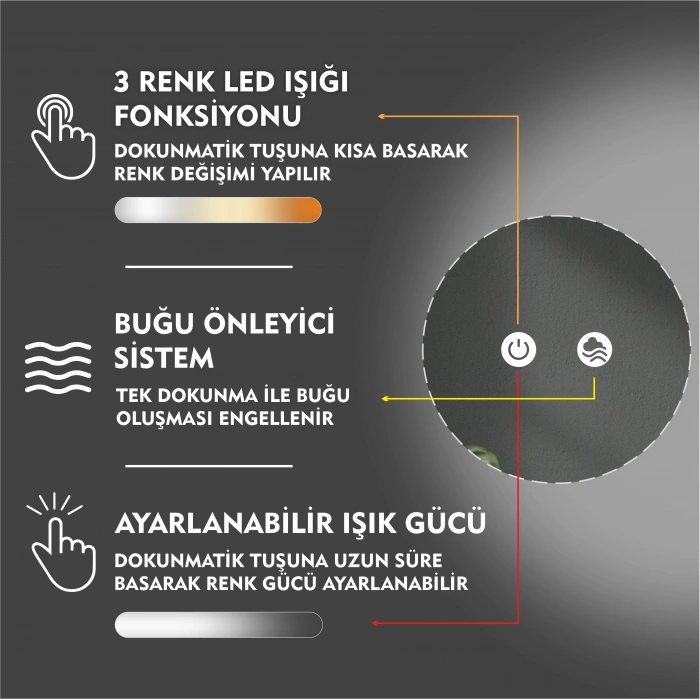 3 RENK IŞIK AYARLI DOKUNMATİK BUĞU ÖNLEYİCİ YUVARLAK LEDLİ AYNA