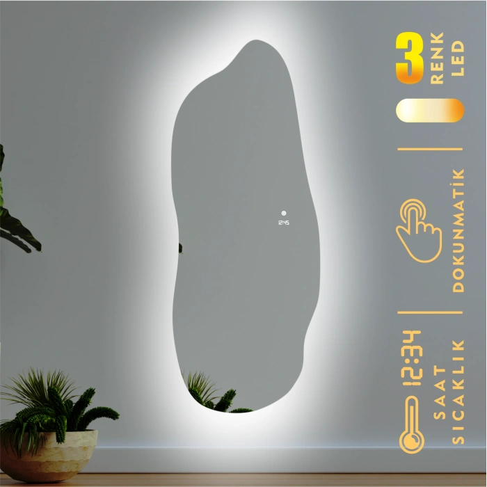 DİJİTAL SAATLİ VE 3 RENK IŞIK AYARLI DOKUNMATİK SENSÖRLÜ ASİMETRİK TAM BOY LED AYNA