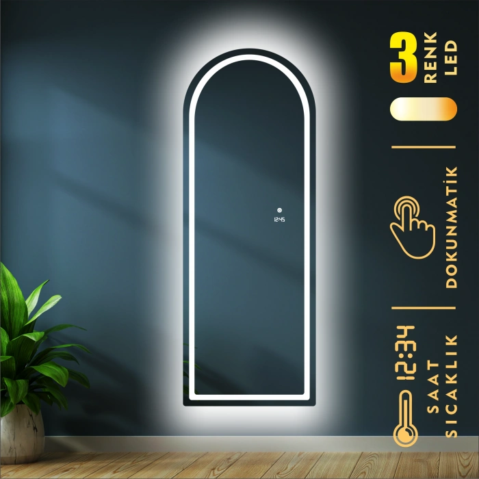 DİJİTAL SAATLİ VE 3 RENK IŞIK AYARLI DOKUNMATİK SENSÖRLÜ KUMLAMALI TAM BOY LED AYNA