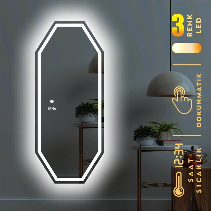 DİJİTAL SAATLİ VE 3 RENK IŞIK AYARLI DOKUNMATİK SENSÖRLÜ KUMLAMALI TAM BOY LED AYNA