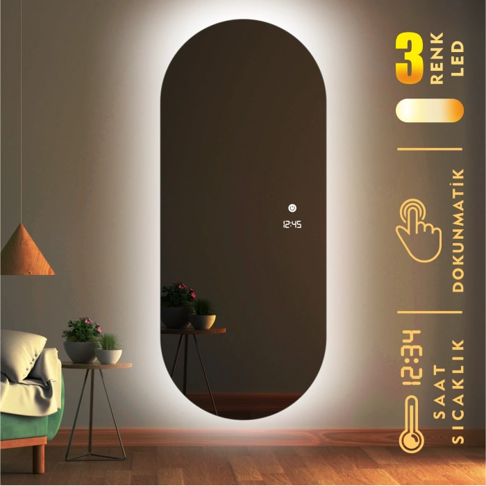 DİJİTAL SAATLİ VE 3 RENK IŞIK AYARLI DOKUNMATİK SENSÖRLÜ TAM BOY LED AYNA