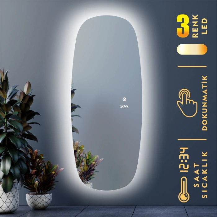 DİJİTAL SAATLİ VE 3 RENK IŞIK AYARLI DOKUNMATİK SENSÖRLÜ TAM BOY LED AYNA