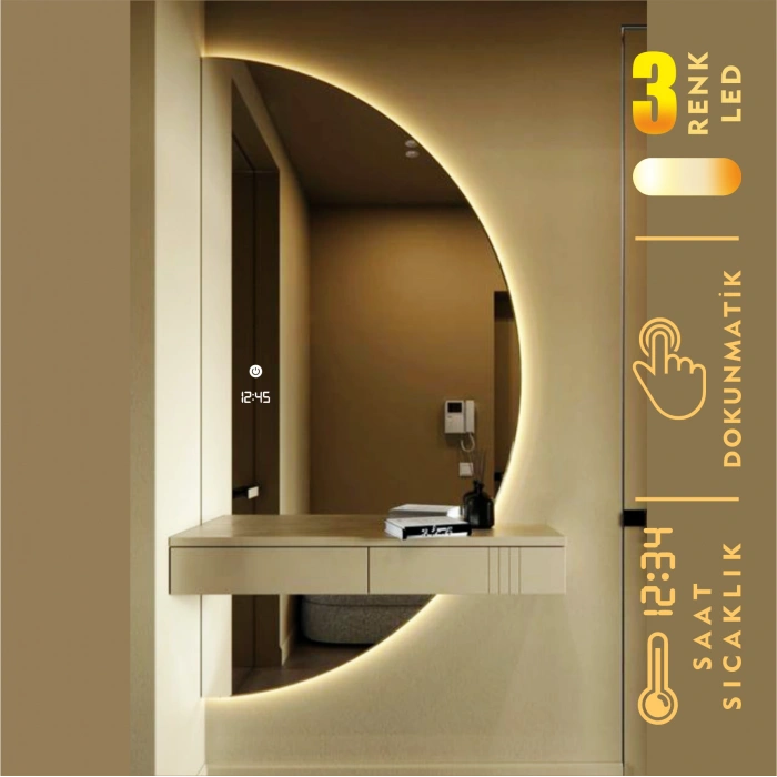 DİJİTAL SAATLİ VE 3 RENK IŞIK AYARLI DOKUNMATİK SENSÖRLÜ YARIM DAİRE LEDLİ AYNA