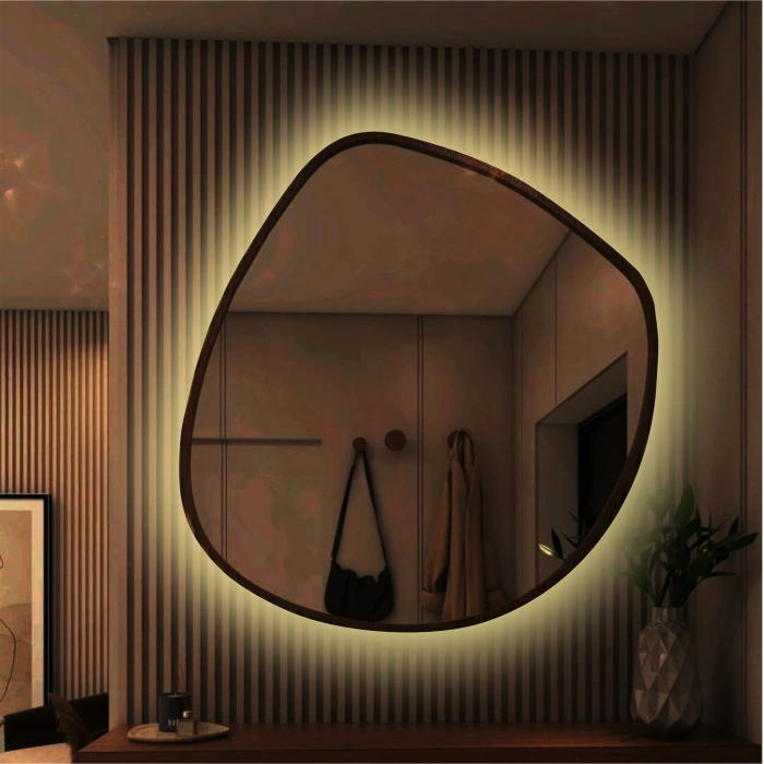 LED MIRROR WITH NATURAL WOODEN FRAME