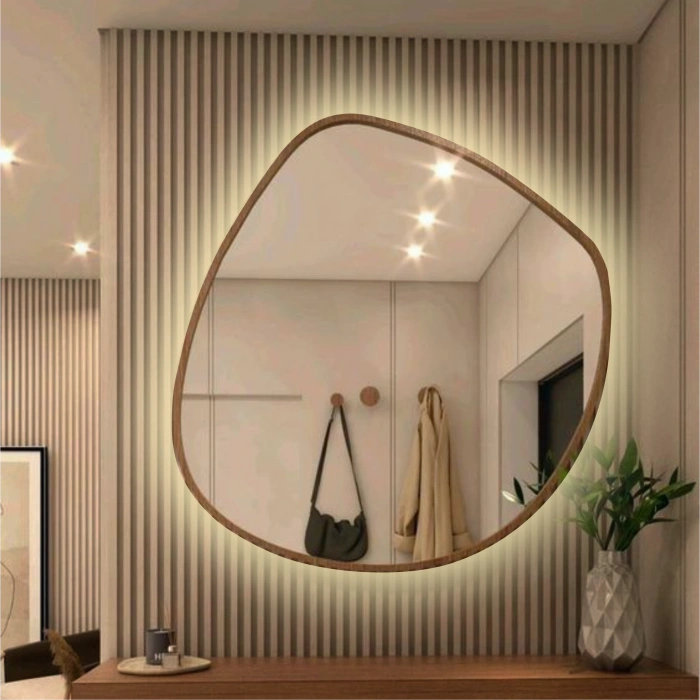 LED MIRROR WITH NATURAL WOODEN FRAME