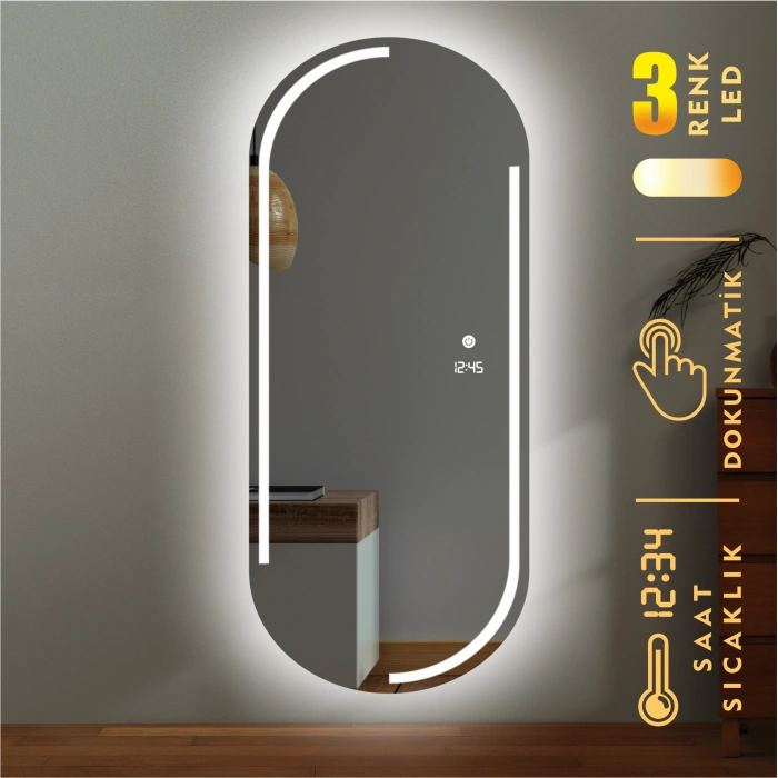 DİJİTAL SAATLİ VE 3 RENK IŞIK AYARLI DOKUNMATİK SENSÖRLÜ KUMLAMALI TAM BOY LED AYNA