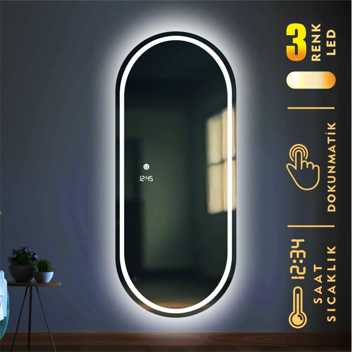 DİJİTAL SAATLİ VE 3 RENK IŞIK AYARLI DOKUNMATİK SENSÖRLÜ KUMLAMALI TAM BOY LED AYNA
