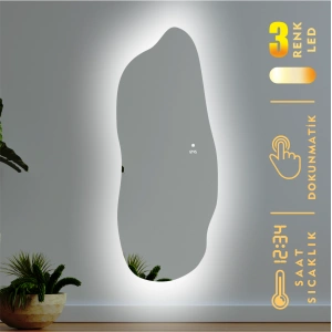 DİJİTAL SAATLİ VE 3 RENK IŞIK AYARLI DOKUNMATİK SENSÖRLÜ ASİMETRİK TAM BOY LED AYNA