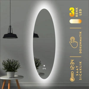 DİJİTAL SAATLİ VE 3 RENK IŞIK AYARLI DOKUNMATİK SENSÖRLÜ ELİPS LED BOY AYNA