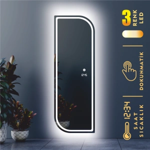 DİJİTAL SAATLİ VE 3 RENK IŞIK AYARLI DOKUNMATİK SENSÖRLÜ KUMLAMALI TAM BOY LED AYNA