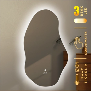 DİJİTAL SAATLİ VE 3 RENK IŞIK AYARLI DOKUNMATİK SENSÖRLÜ TAM BOY ASİMETRİK LEDLİ AYNA