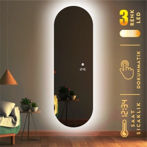 DİJİTAL SAATLİ VE 3 RENK IŞIK AYARLI DOKUNMATİK SENSÖRLÜ TAM BOY LED AYNA