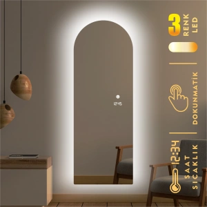 DİJİTAL SAATLİ VE 3 RENK IŞIK AYARLI DOKUNMATİK SENSÖRLÜ TAM BOY LED AYNA