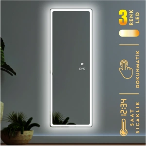 DİJİTAL SAATLİ VE 3 RENK IŞIK AYARLI DOKUNMATİK SENSÖRLÜ TAM BOY LED AYNA