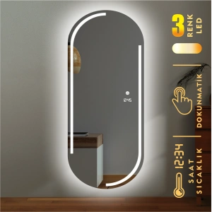 DİJİTAL SAATLİ VE 3 RENK IŞIK AYARLI DOKUNMATİK SENSÖRLÜ KUMLAMALI TAM BOY LED AYNA