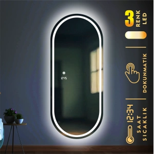DİJİTAL SAATLİ VE 3 RENK IŞIK AYARLI DOKUNMATİK SENSÖRLÜ KUMLAMALI TAM BOY LED AYNA