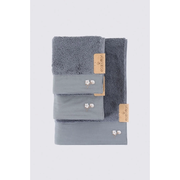 ECO COTTON PURE COTTON 3LÜ HAVLU SETİ %100 ORGANİK PAMUK BEZ BORDÜRLÜ NAKIŞLI GRİ