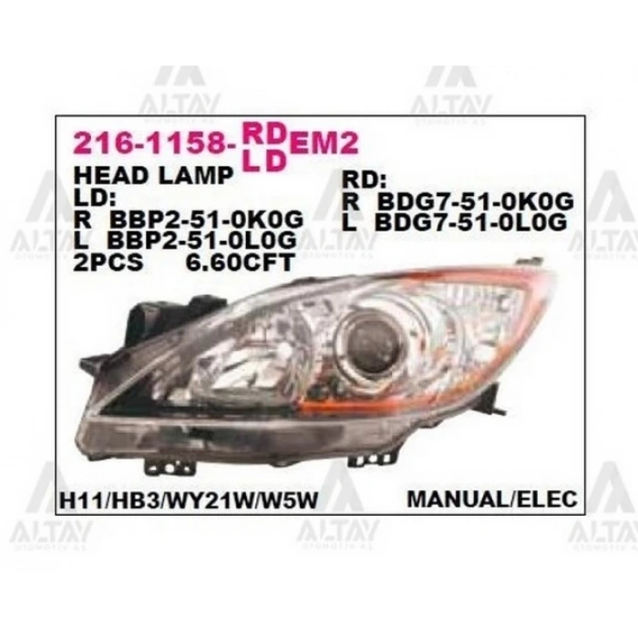 Far Mazda-3 2009-2012 Manuel-Elektrikli Siyah Sol (1 Adet) (Oem No: Bbp2-51-0L0L)