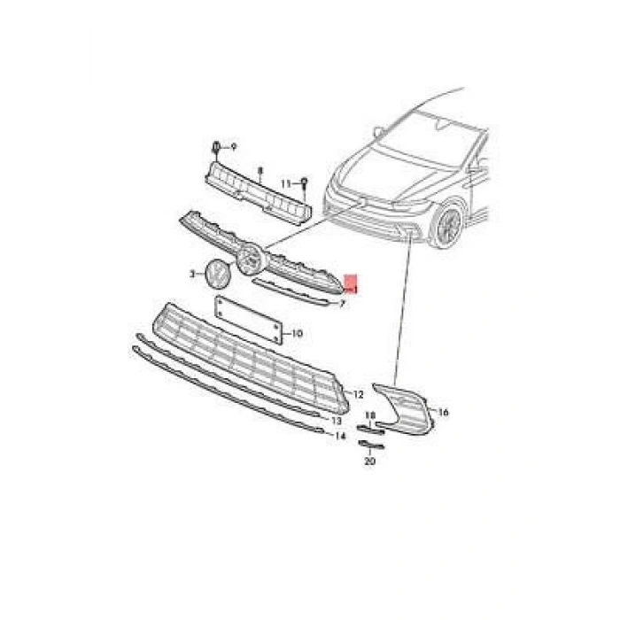 Volkswagen Polo- 8- 21/24; Ön Panjur Siyah (Nikelaj Çıtalı)(Tyg) (Oem No: 2G0853651Qryp)