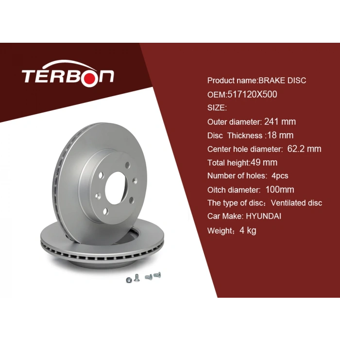 Fren Diski Ön Adet : 241 X 4 Havalı Kore I10/Pıcanto 04-17 Benzın 2008- (Oem No: 517120X500)