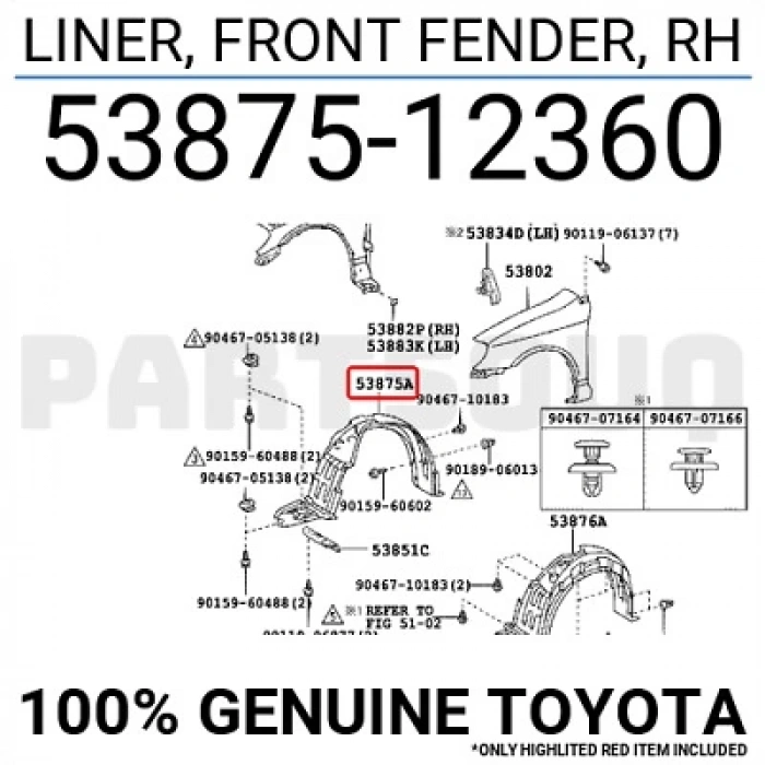 2002-2006 Toyota Corolla Zze121 Ön Çamurluk Davlumbazı Sağ (Lt-Ty6026) (Tw) (Adet) (Oem No:5387512280)