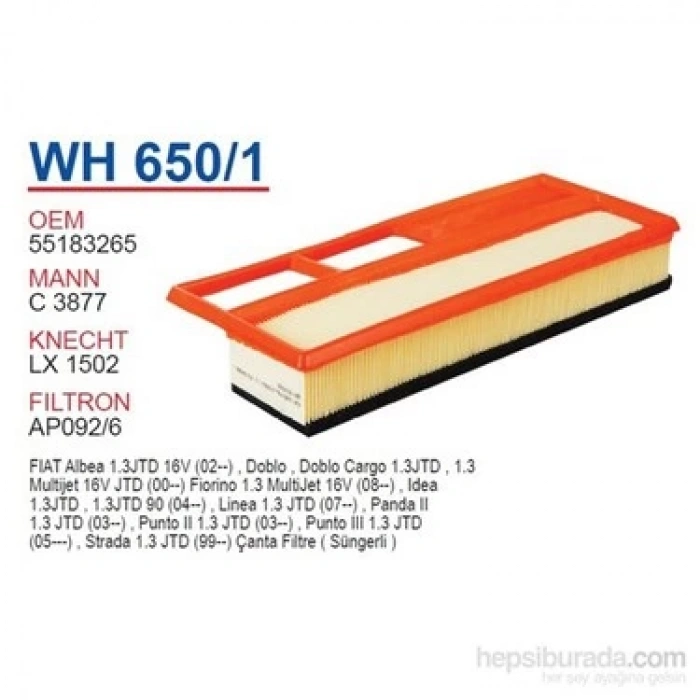Hava Filtresi Albea / Palio / Doblo / Linea / Punto 03-12 1.3 Mjt Süngerli (Oem No: 55183265)