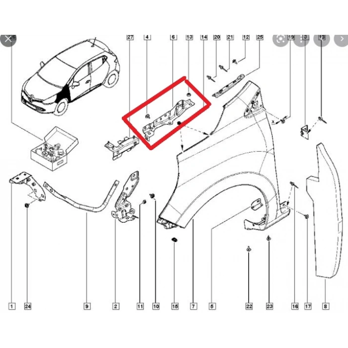 Renault Clıo- 4- Hb- 13/16; Ön Çamurluk Bağlantı Suportu Sol (Orta Kısım) (Sac) (Eagle Body) (Oem No: 641356433R)