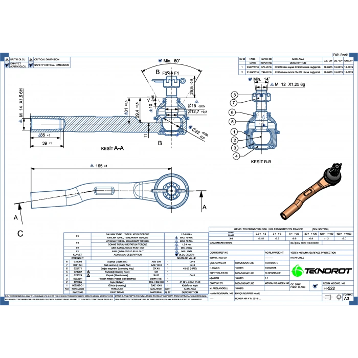 Rot Başı Hr-V 16 Ön Sol  (Oem No:53560T7J003)