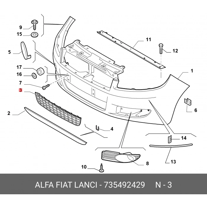 Fiat Linea 2007- Ön Tampon Panjurusı Grı (Oem No:735492429)