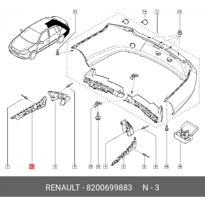 Renault Clio Thalia 2000- Tampon Braketi Arka Sağ (Oem No:8200699883)