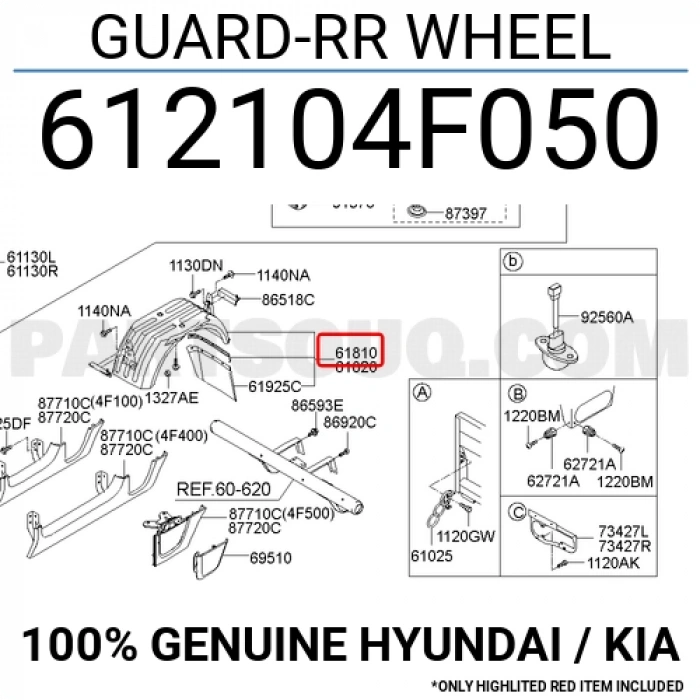 Kore H100 Benzin-Dizel 2005-2017 Çamurluk Davlumbazı Arka Sol  (Oem No:612104F050)