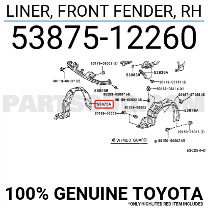 Çamurluk Davlumbazı Corolla 1998-2002 Ön R (Oem No:5387512260)