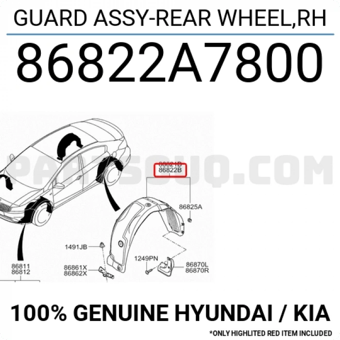 Çamurluk Davlumbazı Cerato 2016 Sonrası Arka Sağ (Oem No:86822A7800)