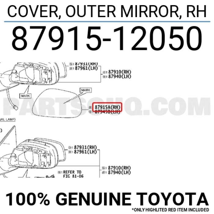 Toyota Corolla Ayna Kapağı  2008 2013 Astarlı Sinyalli Tip Sağ (Oem No:8791502911)