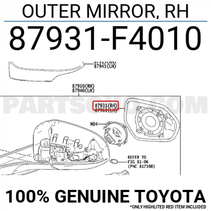 Toyota C-Hr Elektrikli Ayna Camı 2016-2023 Sağ (Oem No:87931F4010)