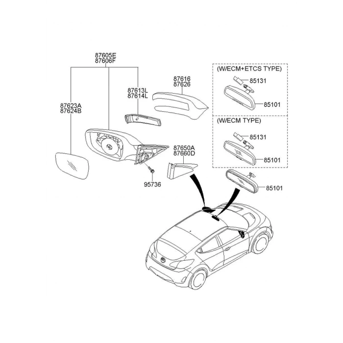 Hyundai Veloster Elektrikli Ayna 2012 Sonrası Sol (Oem No:876102V010As)