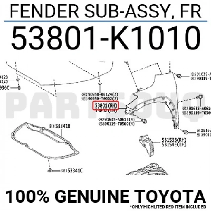 Çamurluk Corolla Cross 2022 Sonrası Dodik Delikli Sağ (Oem No:53801K1010)