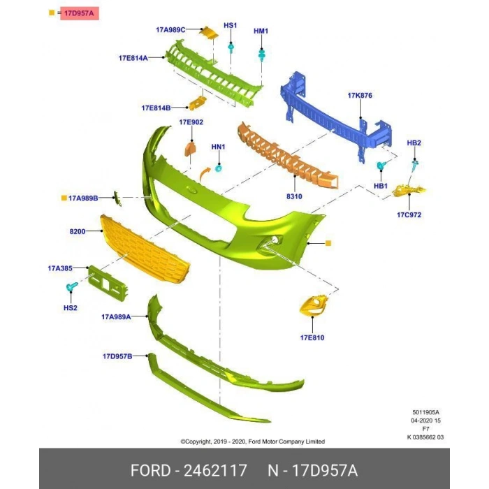 Ford Puma- 2020-2023  Ön Tampon Astarlı Gri Sis/Panjur Delikli/Çeki Kapaklı/Sensör Deliksiz (Tyg) (Oem No:2462117)