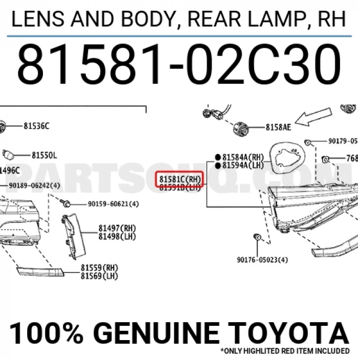 Toyota Corolla- E210- 2019-2024  İç Stop Lambası Sağ Kırmızı/Ledsiz/Nikelaj Çıtalı (E Marklı)(Casp) (Oem No:8158102C30)