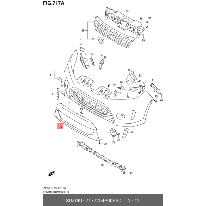 Suzuki Vitara- 2016-2018  Ön Tampon Panjuru Bandı Alt (Tw) (Oem No:7177254P00Psd)