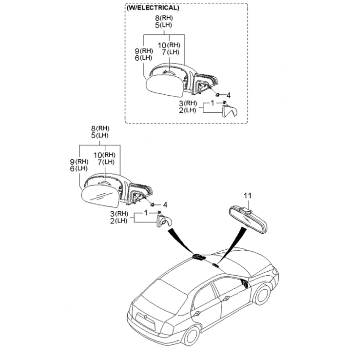Kore Cerato 2003-2008 Sol Dikiz Aynası Komple Isıtmalı  Dış Bükey Camlı  (5 Pın) (Oem No:876102F100)