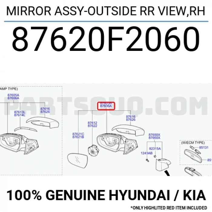 Kore Elantra 2016- Sağ Dikiz Aynası Komple (Körnokta Uyarı Sıstemlı) Sinyallı Isıtmalı Katlanır Kör Noktalı (10 Pın) (Oem No:87620F2060)