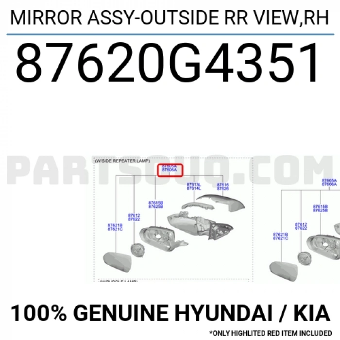Kore İ30 2016- Sağ Dikiz Aynası Komple (Sinyallı) Isıtmalı Sinyallı (6 Pın) (Oem No:87620G4351)
